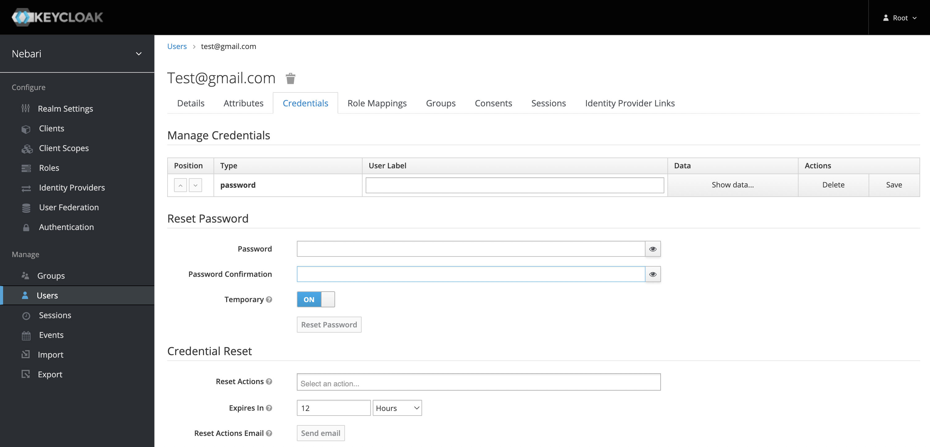 Keycloak add user > credentials tab screenshot - set password